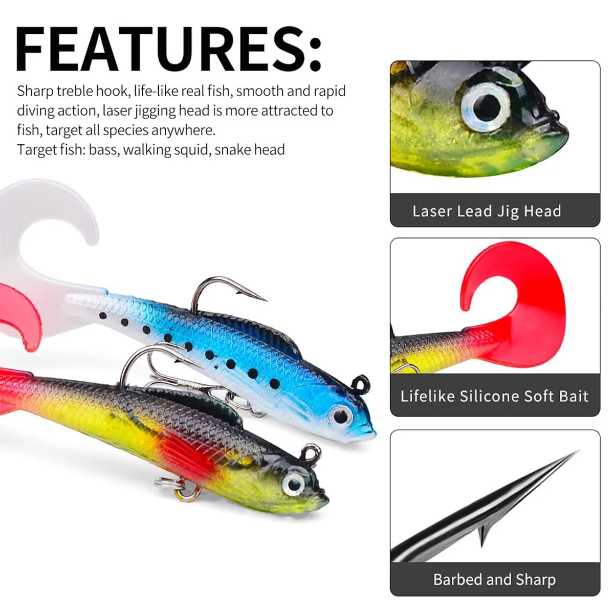 Köder für Barsch, Jighead Soft Swimbait, 5er-Pack in 5 Farben, Plastikköder für Salzwasser/Süßwasser-Angeln – Detail 3