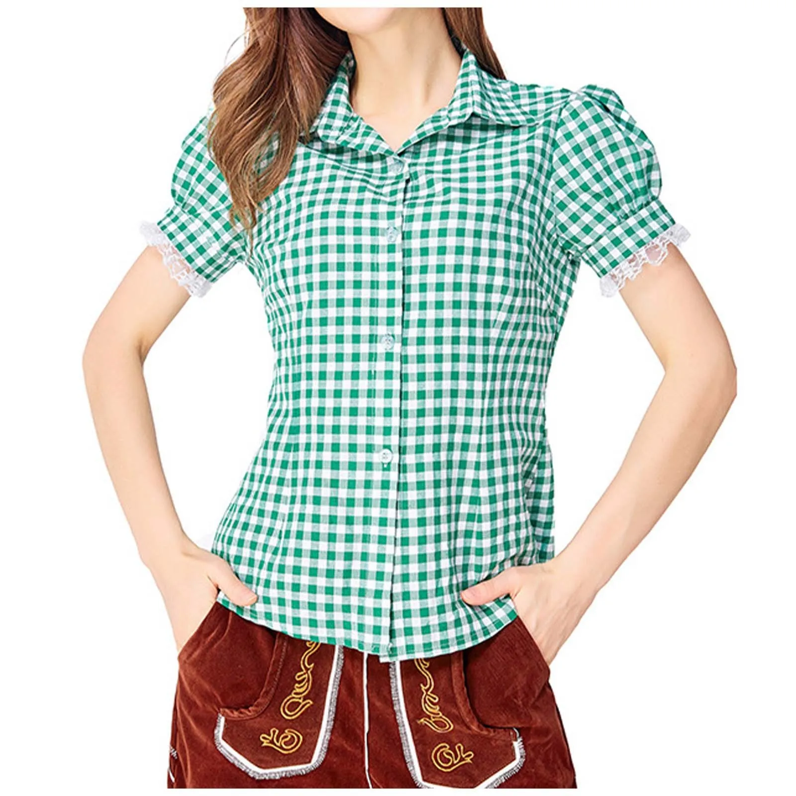 Bavarian Style Women's Oktoberfest Plaid Shirt Traditional German Checkered Blouse For Festivals Women Lace Tunic Shirts