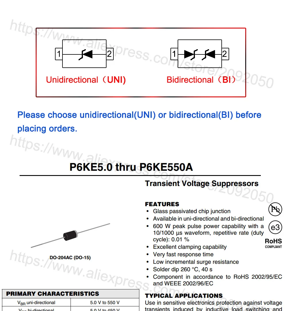 JASNPROSMA 500 шт. 2000 шт. DO-204AC DO-15 P6KE150 P6KE150A P6KE150CA P6KE160 P6KE160A P6KE160CA P6KE TVS диод Высокое качество