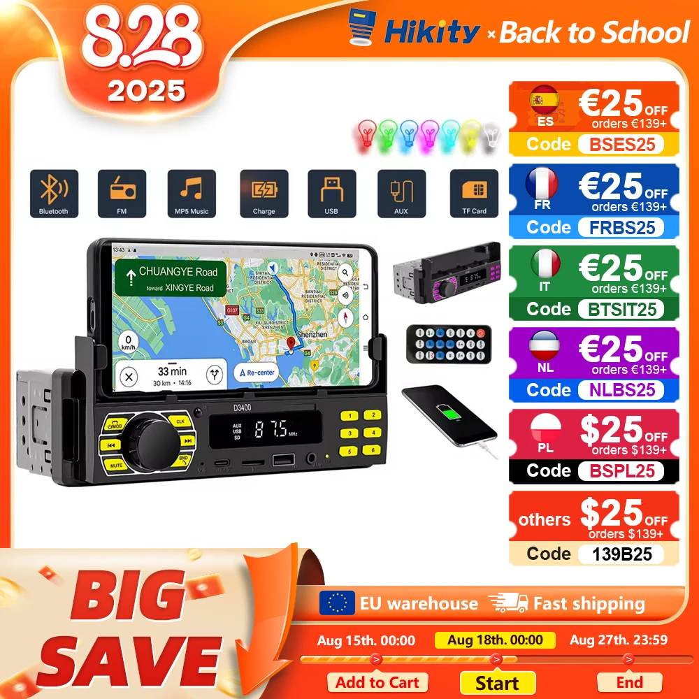Hikity 1DIN In-Dash autoradio lettore MP3 digitale Bluetooth Audio musica Stereo USB/SD/AUX-IN con supporto per cellulare