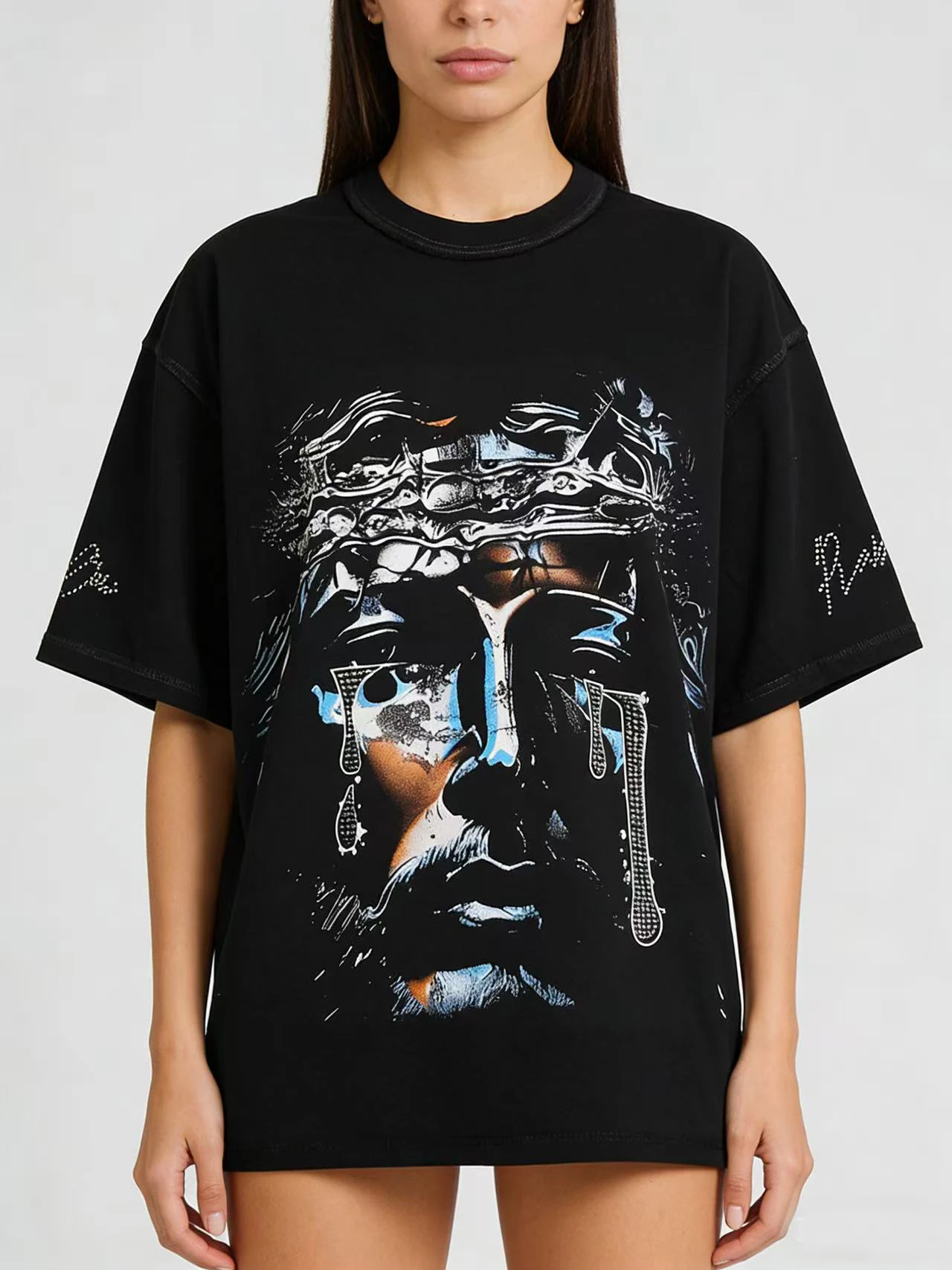 

Rare Peace Summer New Half Sleeve American Dark High Street Style Printed Men Women Short T Shirt Diamond Heat Transfer Chara...