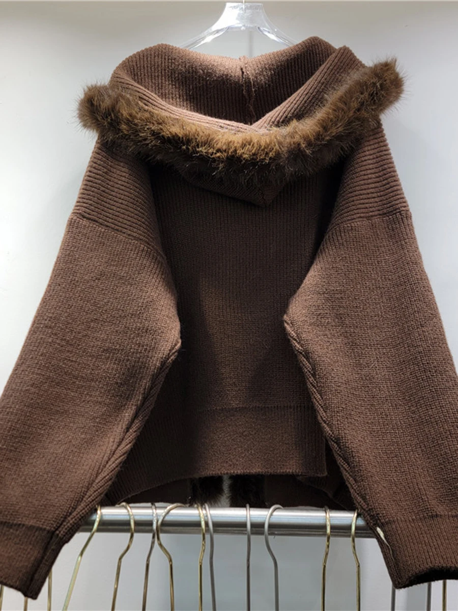 GALCAUR Fluffy Spliced Knitted Loose Jacket for Women V Collar Long Sleeve Patchwork Hooded Temperament Jackets Female Fashion
