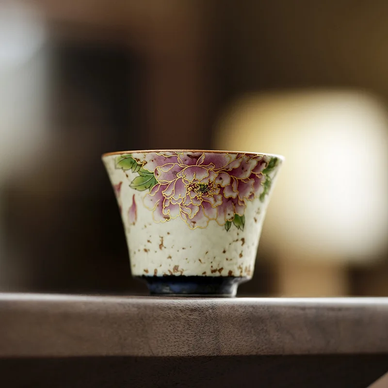 Retro Blue White Fire Stone Red Ceramic Master Cup Golden Thread Peony Lotus Household Personal Tea Tasting Table Decor Gift