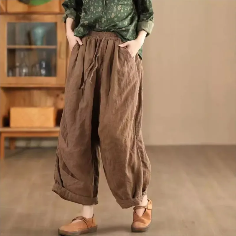 Johnature 2024 Woman Autumn New Fashion Linen Casual Loose Harem Pants Pants Elastic Waist Chinese Style Solid Color Pants