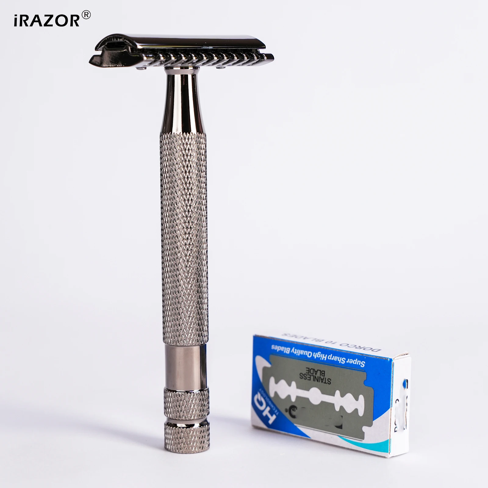iRAZOR DE Double Edge Safety Razor Eco-Friendly Shaver for Men & Women with Gun-Metal Aluminium Non-Slipping Razor Handle