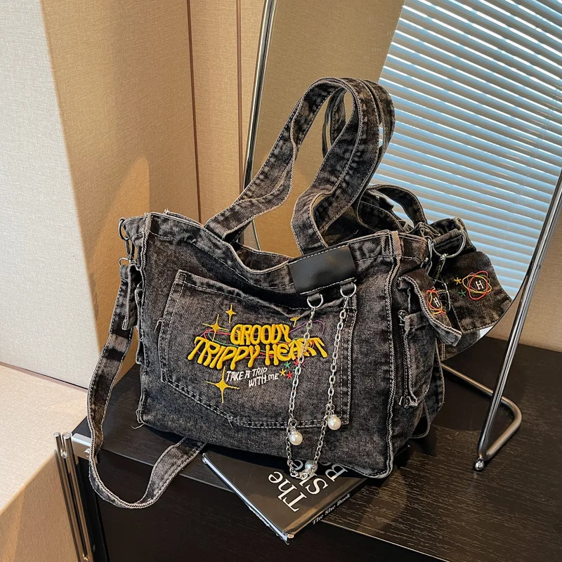 

Lazy style large capacity denim bag for women, spring 2025 new Korean fashionable casual versatile crossbody commuting bag