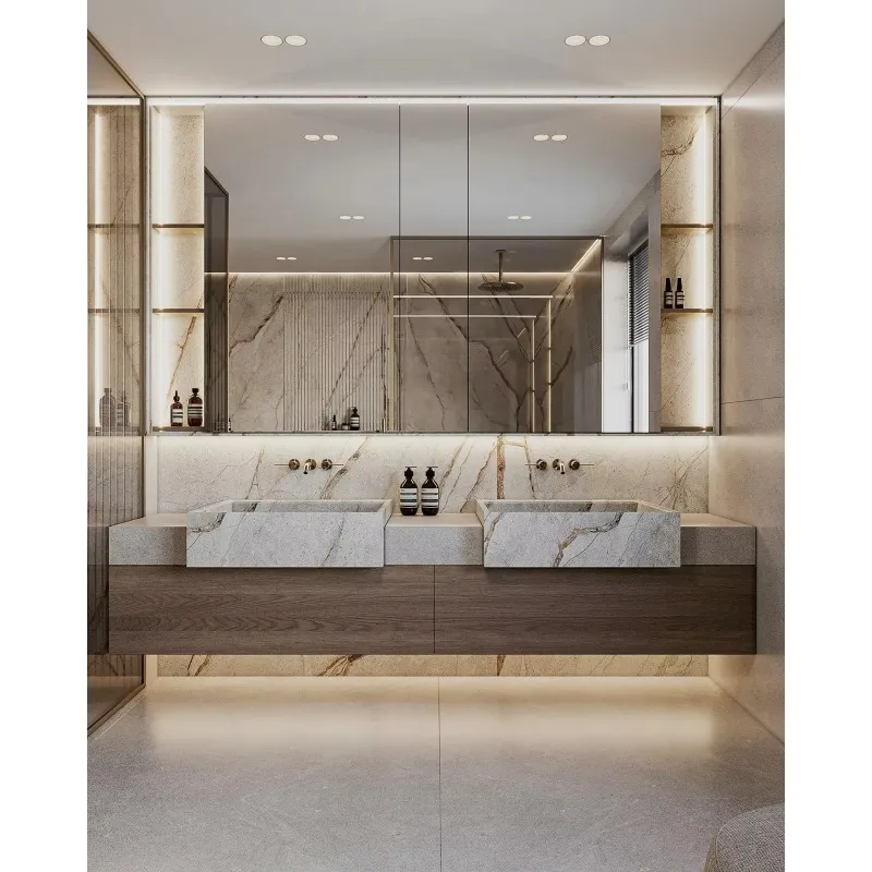 Hotel Modern Design Bathroom Cabinet Sets Luxury Floating Sintered  Countertop Bathroom Vanity With Mirror And Double Sink