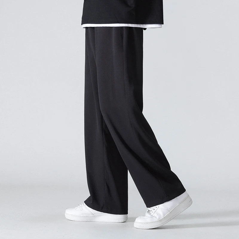 Huili กางเกงผ้าไหมน้ําแข็งผู้ชายฤดูร้อนบาง 2024 New Western กางเกงขาตรงกางเกงกีฬาขากว้าง workwear กางเกงลําลอง