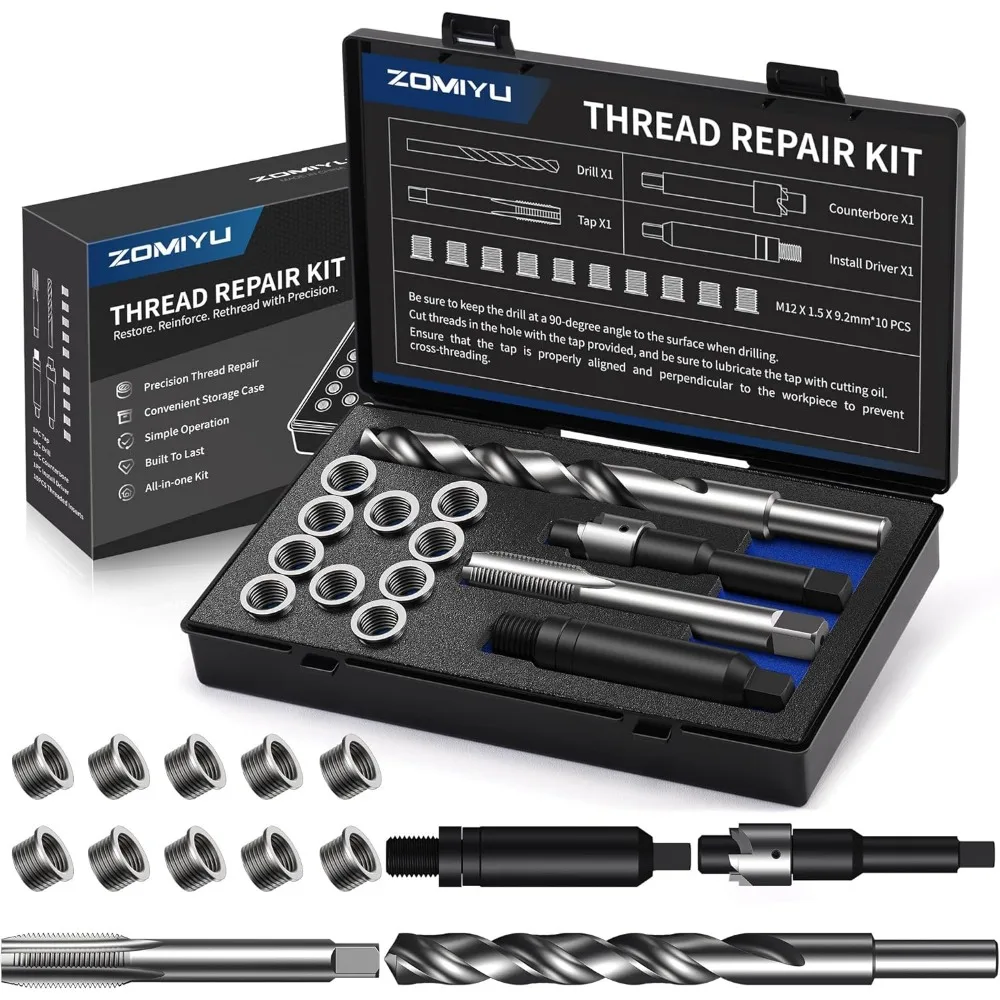 

M12x1.5 Thread Repair Kit with Drill Tap Counterbore Driver and Ten 9.2mm Stainless Inserts