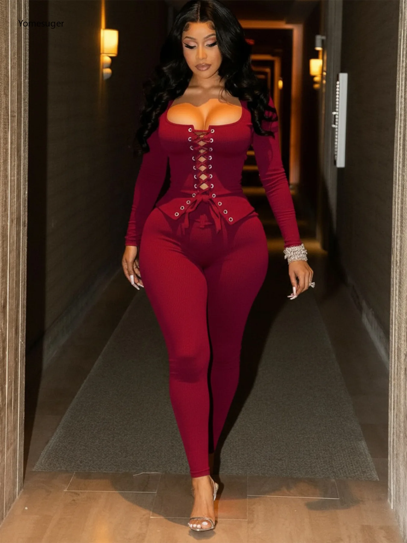 

Yomesugar, осенний сексуальный комплект из 2 предметов, женский хипстерский топ с квадратным воротником и длинными рукавами на шнуровке + брюки, одинаковые спортивные костюмы Y2k, уличная одежда