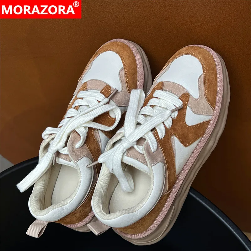 

MORAZORA 2022 New Arrive Suede Leather Women Sneakers Lace Up Platform Shoes Mixed Color Ladies Flat Shoes Casual Footwear