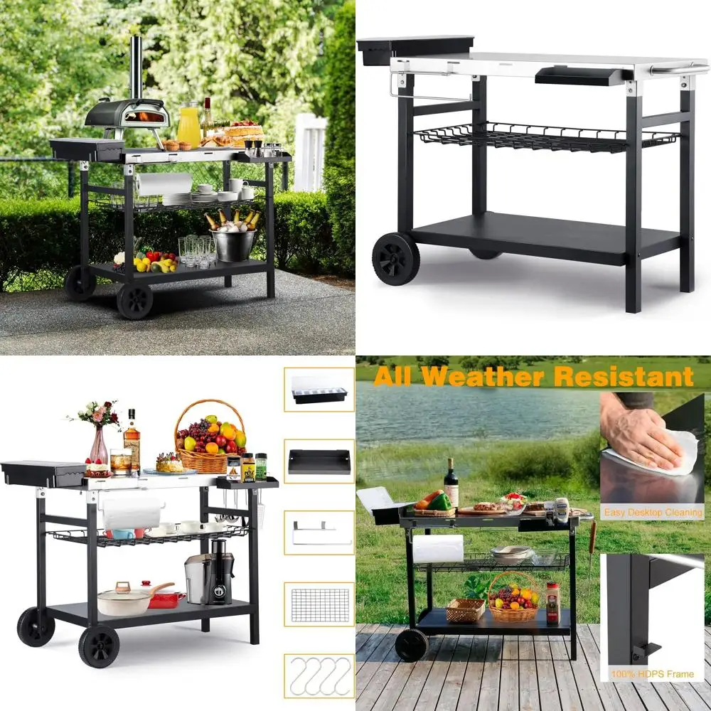 

Stainless Steel Outdoor Grill Cart with 500lb Capacity and 3-Tier Serving Table
