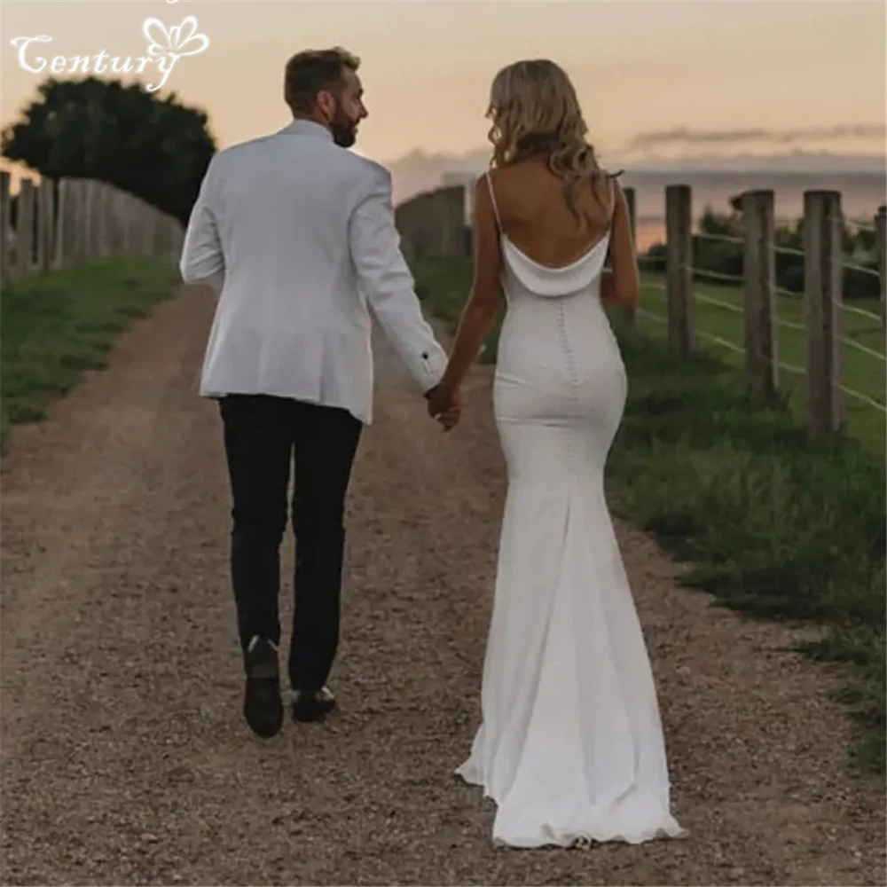 

Backless Sexy Wedding Dress for Women Spaghetti Straps Ruched Crepe Mermaid Bride Dresses Elegant Bridal Gowns Customized