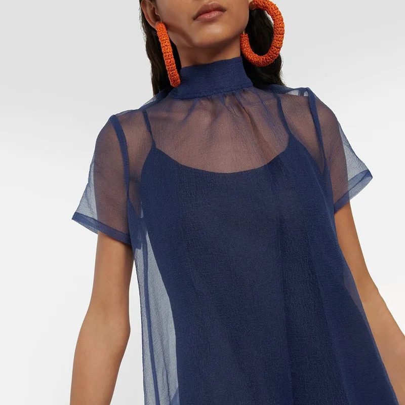 Abito da donna primaverile a metà collo alto in rete finto abito in due pezzi da ufficio elegante abito lungo con fiocco abito Boho pieghettato a maniche corte estivo