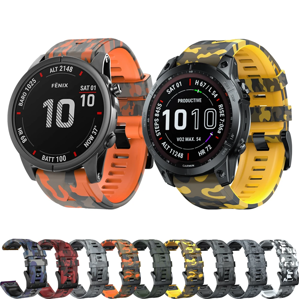 Camouflage Print 22 26mm Silicone Strap For Garmin Fenix 7 7X 6 6X Pro 5X 5 Plus 3HR Epix Gen 2 G1 Quickfit Watchband Bracelet