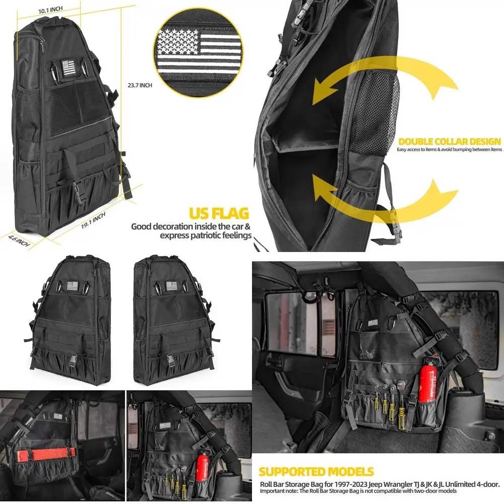 

Universal Roll Bar Storage Bag for 1997-2023 JK TJ LJ JL 4-Door Jeeps, Dual-Door Organizers for Tools and Camping Gear (2-Pack)