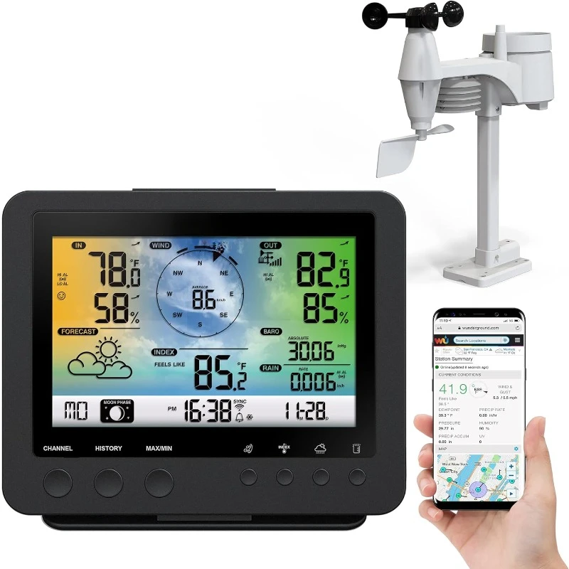 15-in-1 Wi-Fi Weather Station with 5-in-1 Sensor Array, Humidity,  Wireless LED Color Console w/Forecast Data, Alarm, Alerts