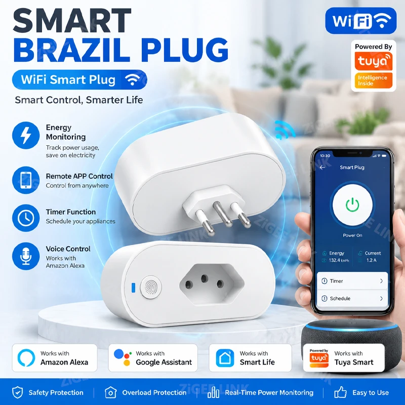 16A Brazil WiFi Smart Plug Socket Built-in Power Consumption Monitor Timing APP Remote Voice Control Works With Alexa Google