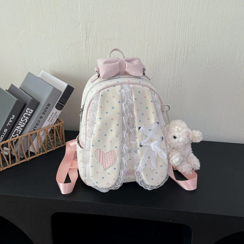 2026 New Kawaii Cute Backpack with Bow Lace Heart Decor Polka Dot Print Exquisite Girls Daily Travel Personality School Bag