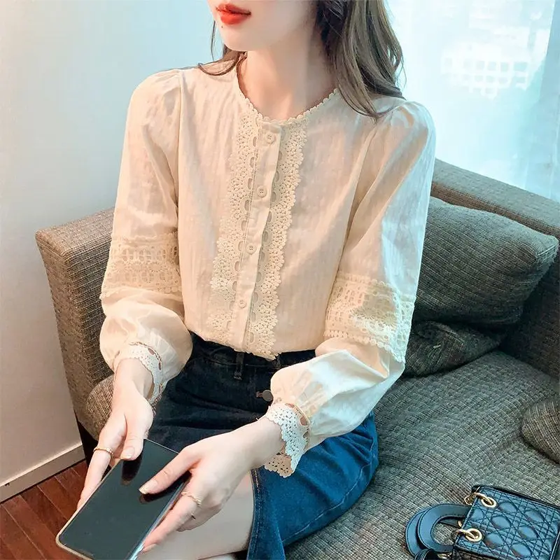 Temperament Refreshing Sweet Elegan O-Neck Blouses Spring Lace Solid Color Three Quarter Single Breasted Women's Clothing Tops