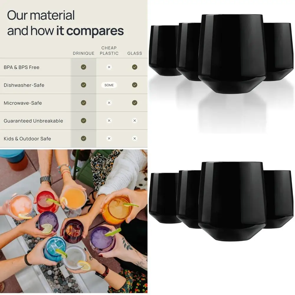 

Set of 4 USA-Made 12 oz Tritan Plastic Stemless Wine Glasses, Reusable, BPA-Free, Shatter-Resistant, Black