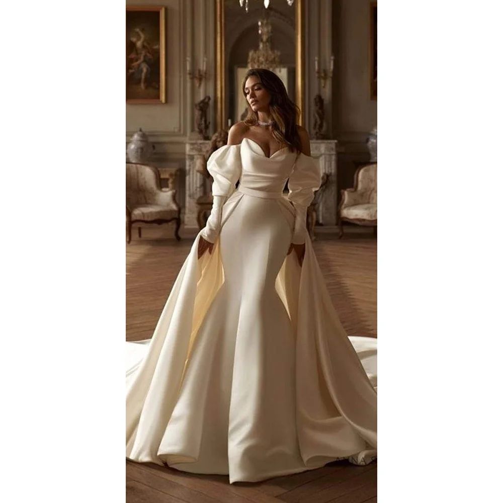 

Sweeteheart Off The Shoulder Long Sleeves Pure White Wedding Dress Elegant Mermaid Overskirt Prom Dinner Party Gown