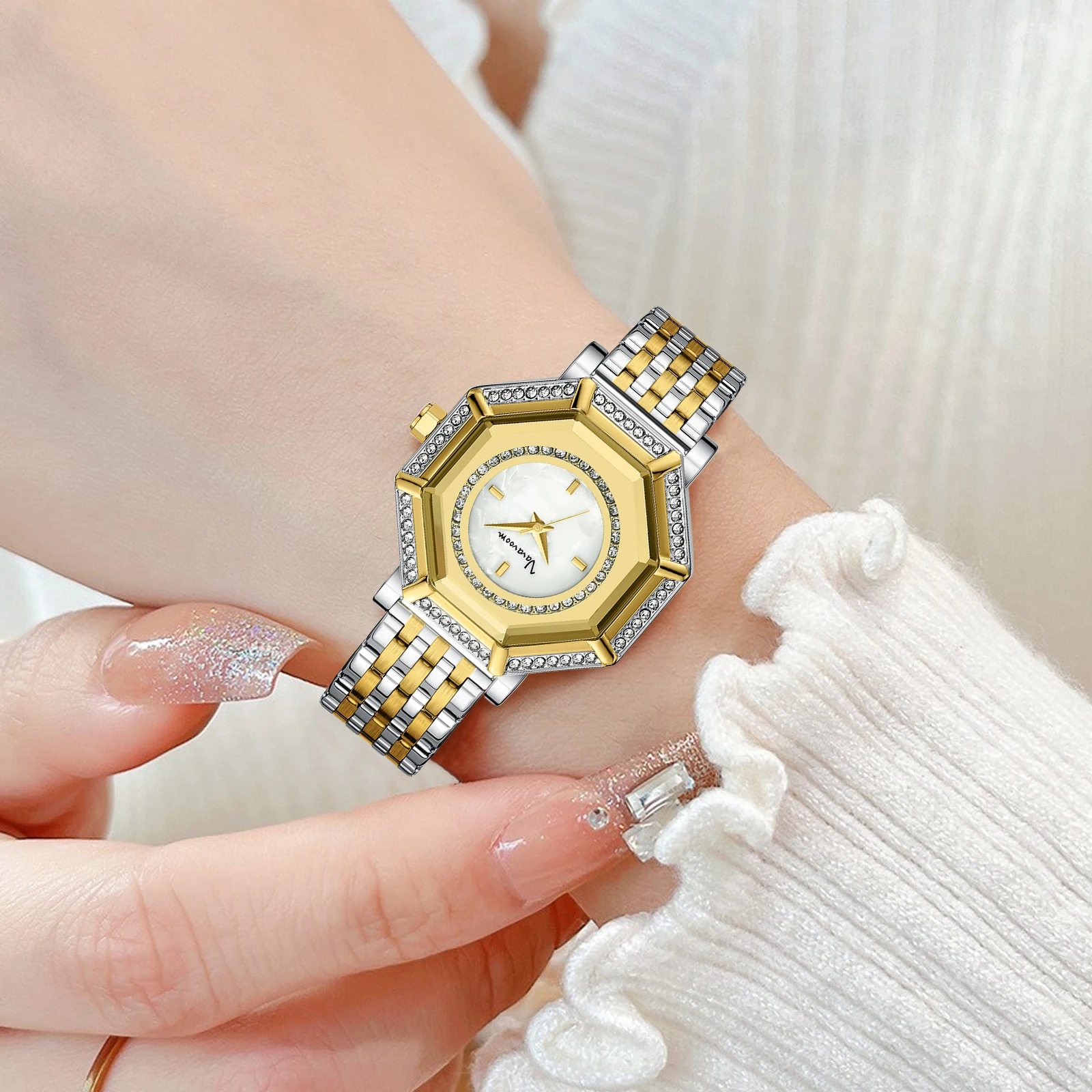 Новинка 2025 года, женские великолепные кварцевые часы, оригинальные водонепроницаемые часы из нержавеющей стали с геометрическим рисунком и стразами, повседневное банкетное платье, часы для девочек