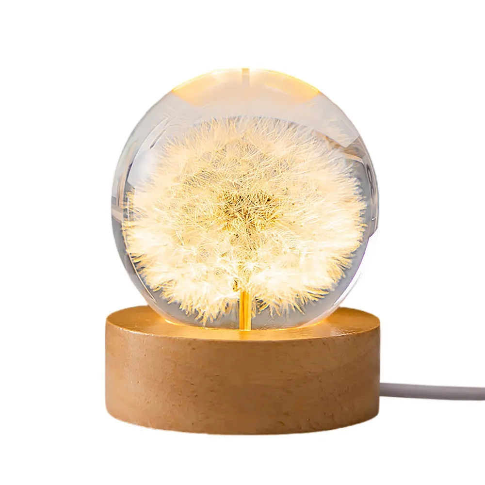6cm Crystal Ball Night Light USB Powered Dry Flower Floral Table Ornament Solid Wood Base Preserved Flower Crystal Ball