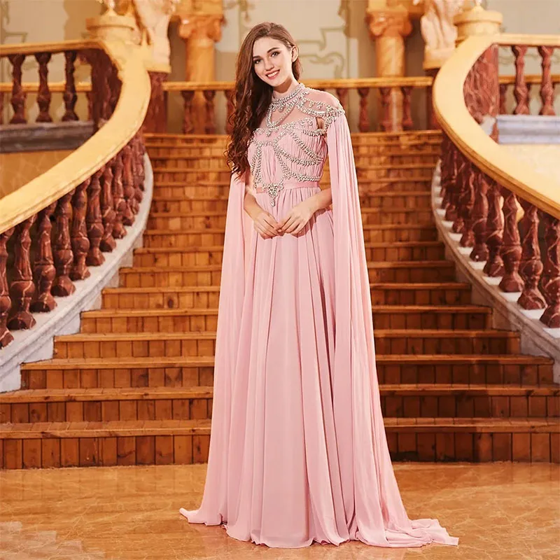 Elegante Roze Moslim Avondjurken A-Line Illusie Hoge Hals Kristallen Islamitische Dubai Kaftan Saudi Arabische Lange Avondjurk