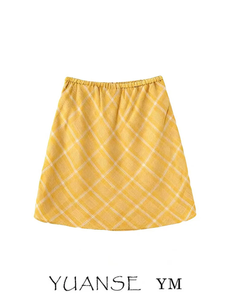 Dopamine Boosting Yellow Plaid High Waist  Skirt Women's Summer Beach A-Line Skirt Youthful Slimming Atmosphere Sensation