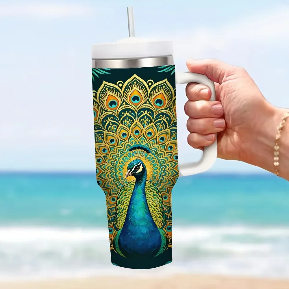 40oz Beautiful Peacock Mandala Print Insulated Tumbler with Handle, Large Capacity, Keeps Both Hot And Cold Drinks, Suitable for All People for Daily Use Outdoor Travel Picnic And Indoor Activities