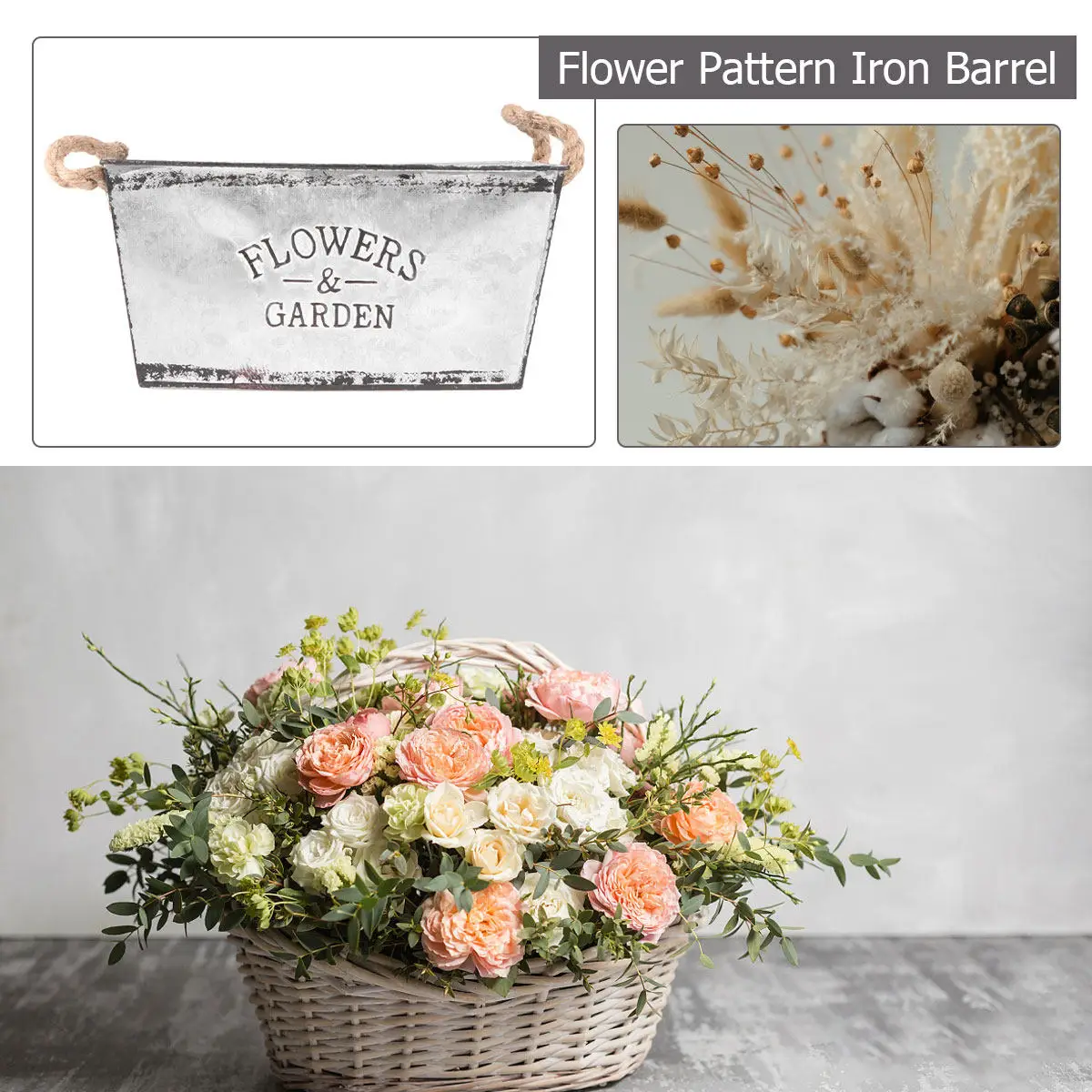 

Iron Rope Flower Bucket for Dried Flowers Storage Home Decor Flower Shop Use Simple Design Handle Easy Carry Silver Large Size