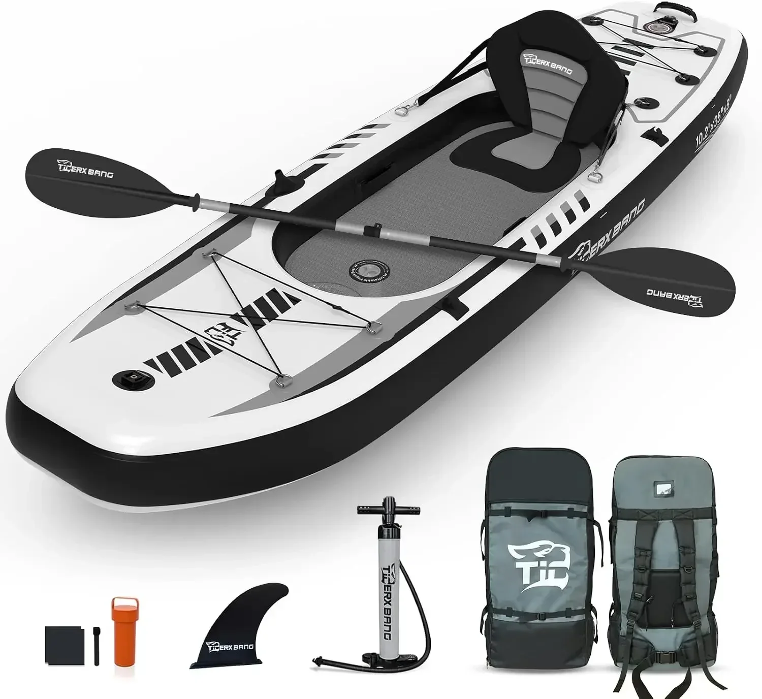 TIGERXBANG 10.2'x35''x8'' Inflatable Kayak with Detachable Seat, SUP-Kayak Set Includes Hand Pump/Aluminum Oar/Backpack, Boat for Adults/Youth | for Fishing, Touring