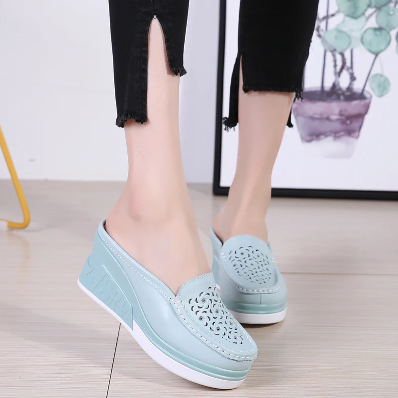 Women\'s shoes hollow single shoes leather thick soled elevating casual shoes platform shoes half drag flat waterproof platform