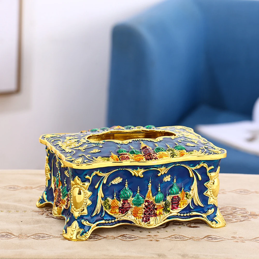 Creative European Tissue Box Retro Castle Pattern Metal Zinc Alloy Desktop Tissue Holder Napkin Storage Box Home Decoration Gift