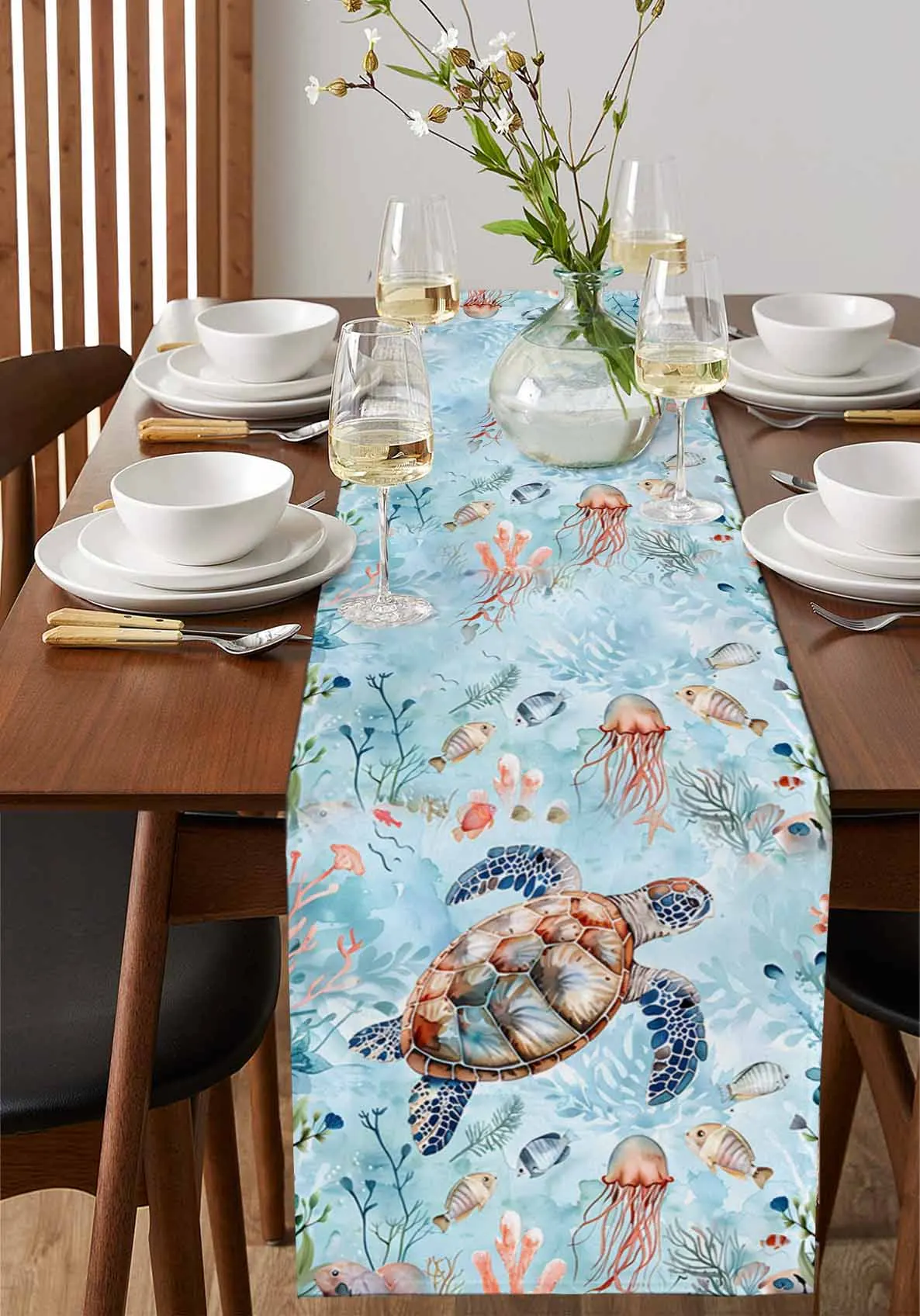 

Summer Turtles Jellyfish Marine Life Table Runner For Wedding Party Chirstmas Decoration Coasters Table Runners Mat