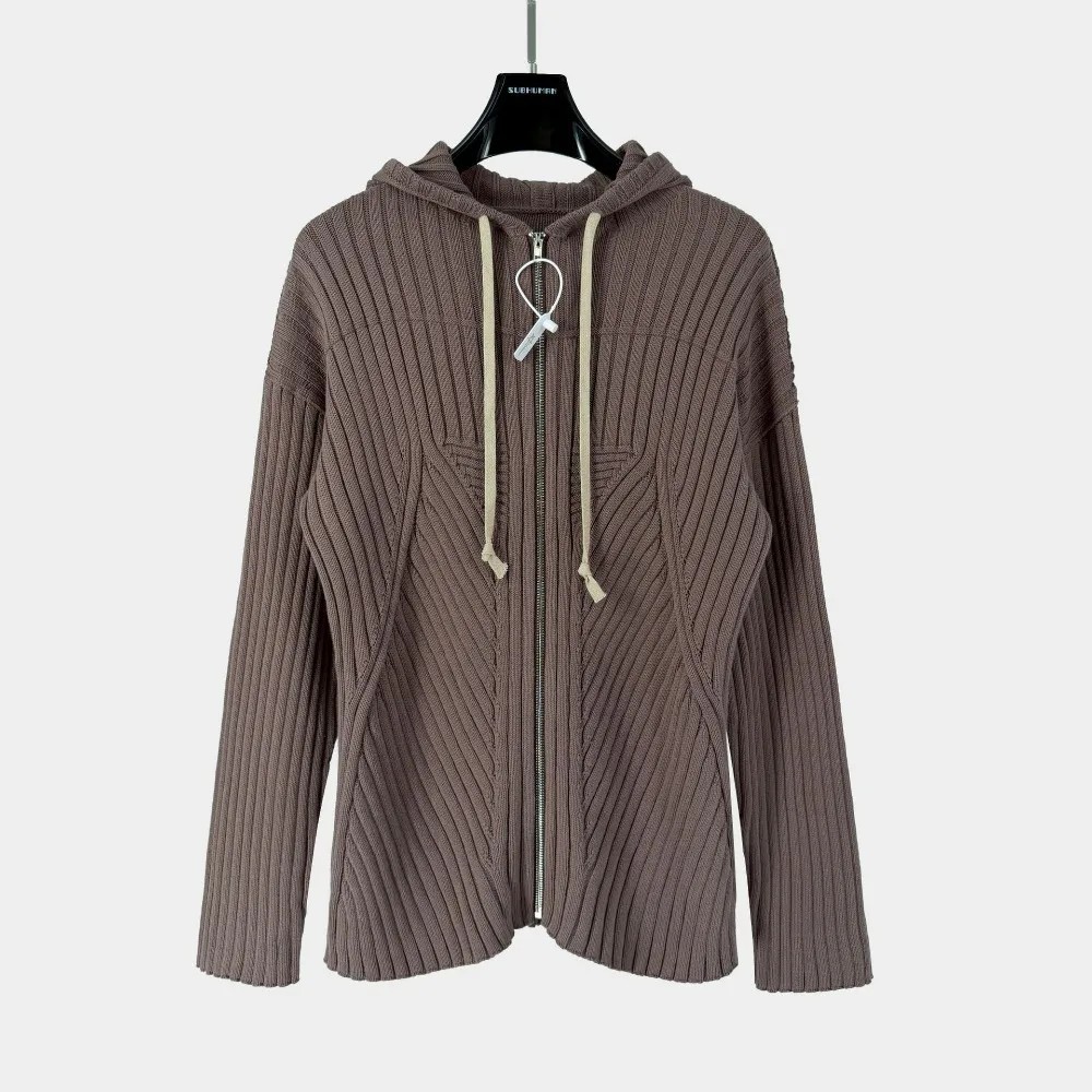 High Street Hooded Sweater Cardigan Jacket Men's Black Pioneer Ribbed Knitted Hooded Sweater Zipper Cardigan Slim Fit Coat