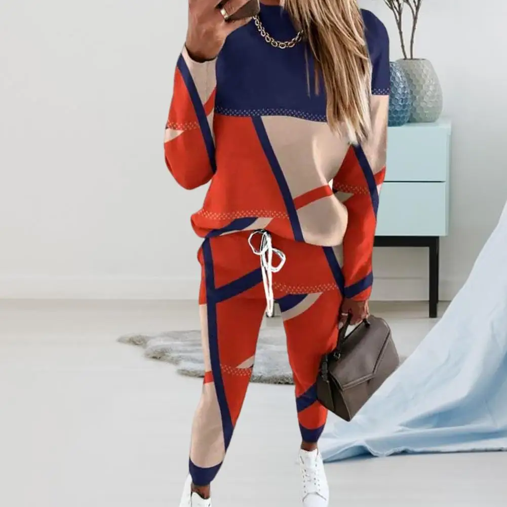 

2 Pcs/Set Women Sweatshirt Pants Suit Round Neck Colorblock Long Sleeve Loose Soft Casual Sports Autumn Spring Women Tracksuit