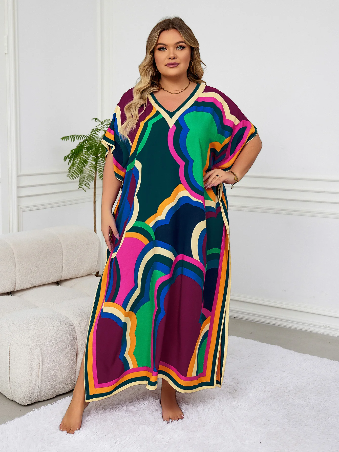 Artystyczny nadruk Plus Size Kaftan długa sukienka dla kobiet 2024 lato Sexy dekolt w szpic rękaw w kształcie skrzydła nietoperza Oversize szata