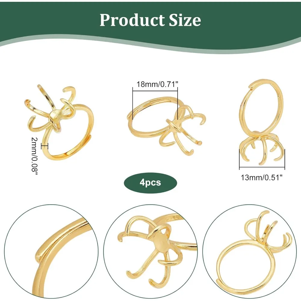 조정 가능한 황동 링 베이스, 클로 링 블랭크, 18mm 손가락 구성 요소, 실제 18K 금도금 클로 베이스 제작 키트, 4 개