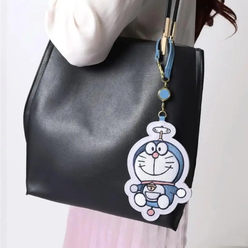 Doraemon Embroidered Id Card Holder Cute Dingdang Cat Telescopic Card Bag Keychain Bag Decoration Birthday Gifts for Boys Girls