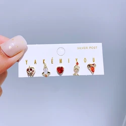 5pcs/set Mixed Design Villains Stud Earrings for Women Girls Gold Color Cubic Zirconia Gift Jewelry