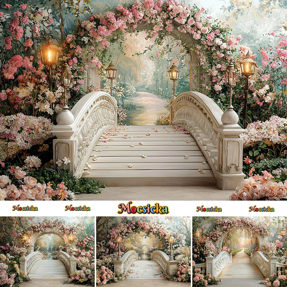 Mocsicka ฉากหลังถ่ายภาพคู่ดอกไม้สีชมพูตกแต่งสะพานดอกไม้สำหรับผู้ใหญ่เด็กภาพบุคคลฉากหลังสตูดิโอ