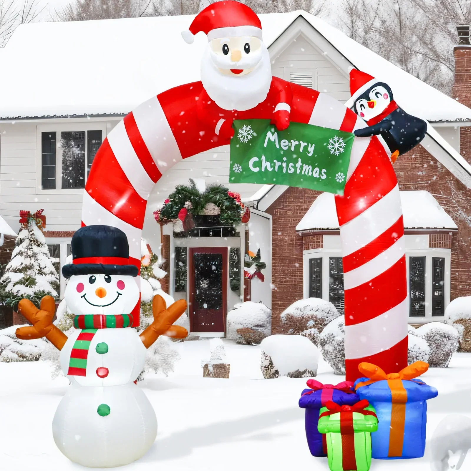 

OurWarm 8 Feet Christmas Inflatables Candy Cane Archway Santa Penguin and Snowman Inflatable Arch Blow Up Yard Decorations