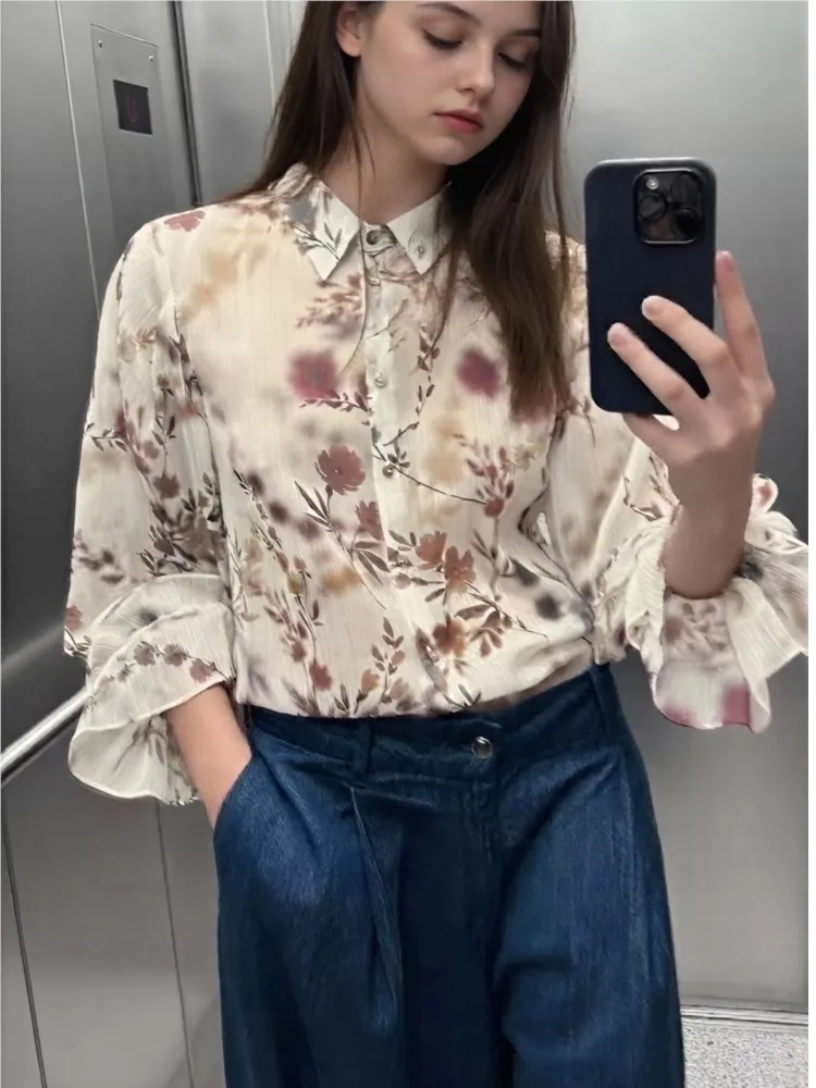 

Floral Print Shirt Women 2025 new Spring Summer Fashion Ruffles Chiffon Turn-down Collar Long Sleeve Blouse Casual Loose Tops