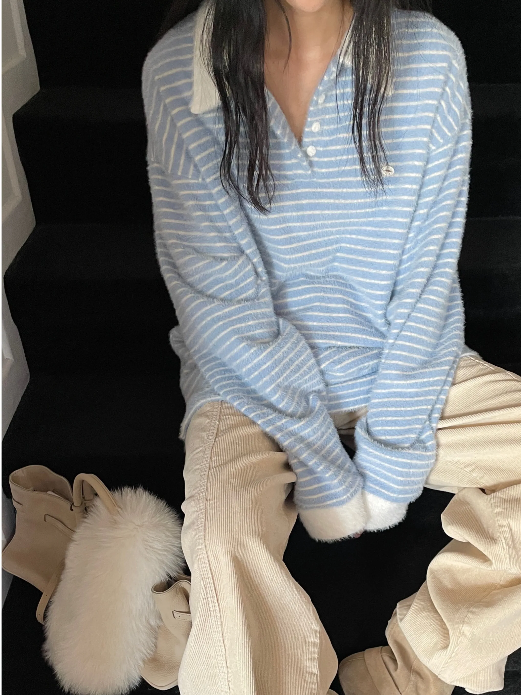 

Мягкий полосатый трикотаж, женский зимний новый универсальный свитер Sle Plu Feel Campus Street Sle, уличный домашний матч