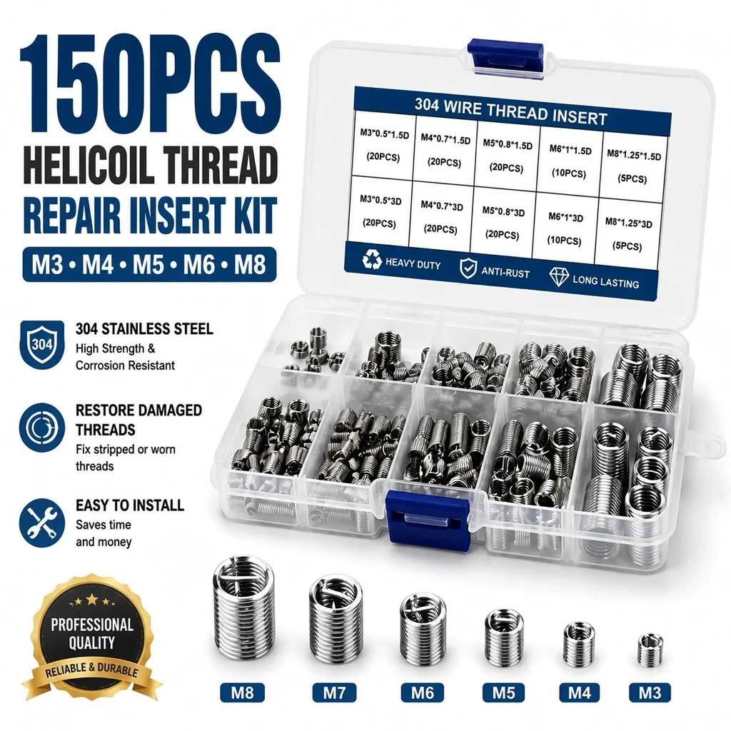 150PCS M3 M4 M5 M6 M8 Helicoil Thread Repair Insert Kit 304 Stainless Steel Wire Thread Inserts Screw Sleeve Assortment Set