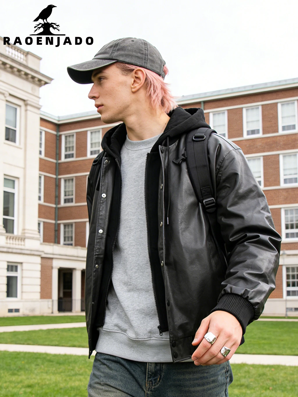 

Men's PU Faux Leather Jacket Hooded Racing Bomber Varsity Coat Motorcycle Outerwear False Two-Piece Streetwear with Inner Pocket