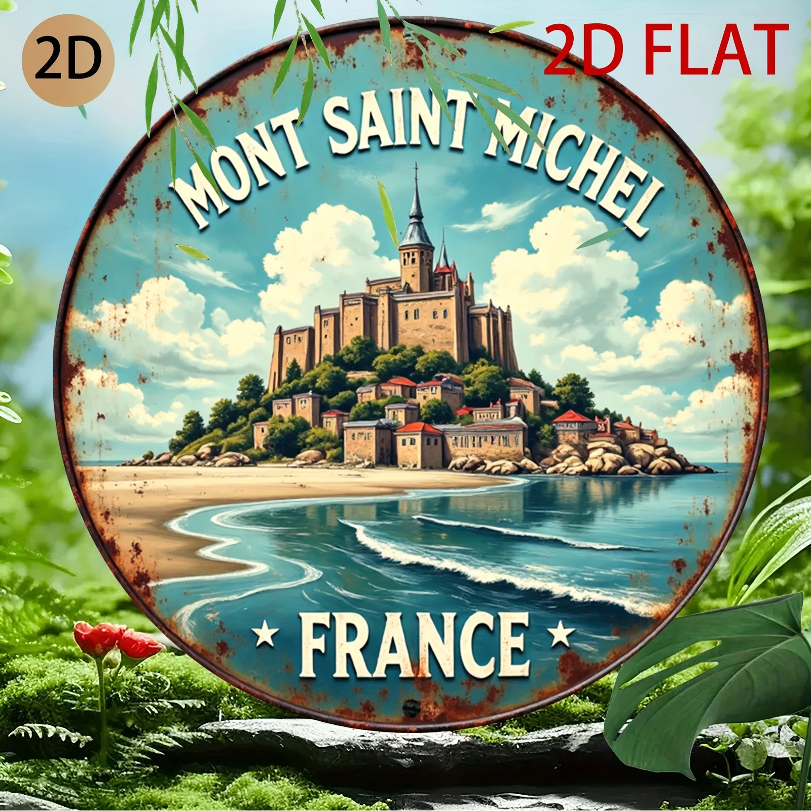 [2D Flat] Retro Design of a Circular Tin Metal Logo of Mont Saint Michel, Perfect for Wall Art in Homes, Cafes, Or Travel-Themed