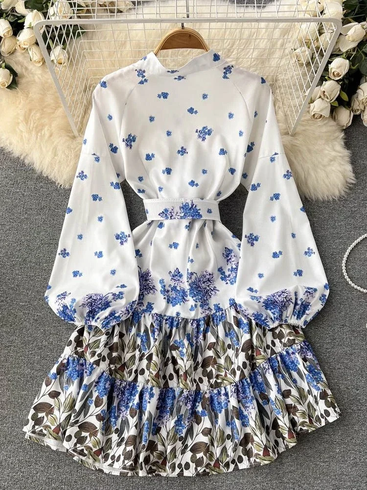 

2023 Fashion Designer Flower Dress Women's Long Lantern Sleeve Single-Breasted Sashes Butterfly Printed Vacation Party Vestidos